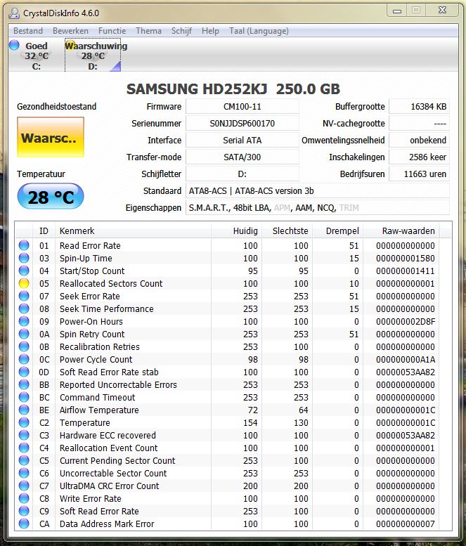 crystaldiskinfo bad reallocated sectors raw values